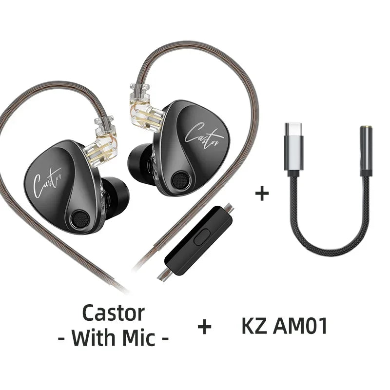 KZ Castor Wired Earbuds Improved Bass HiFi Earphone 2 Dynamic High-end Tunable Balanced Armature In-ear Headphone w/ Accessories